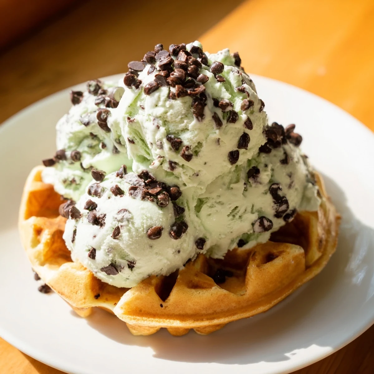 Served on a plate, this dessert features rich mint cream and crisp waffle, perfect for a sweet summer treat.