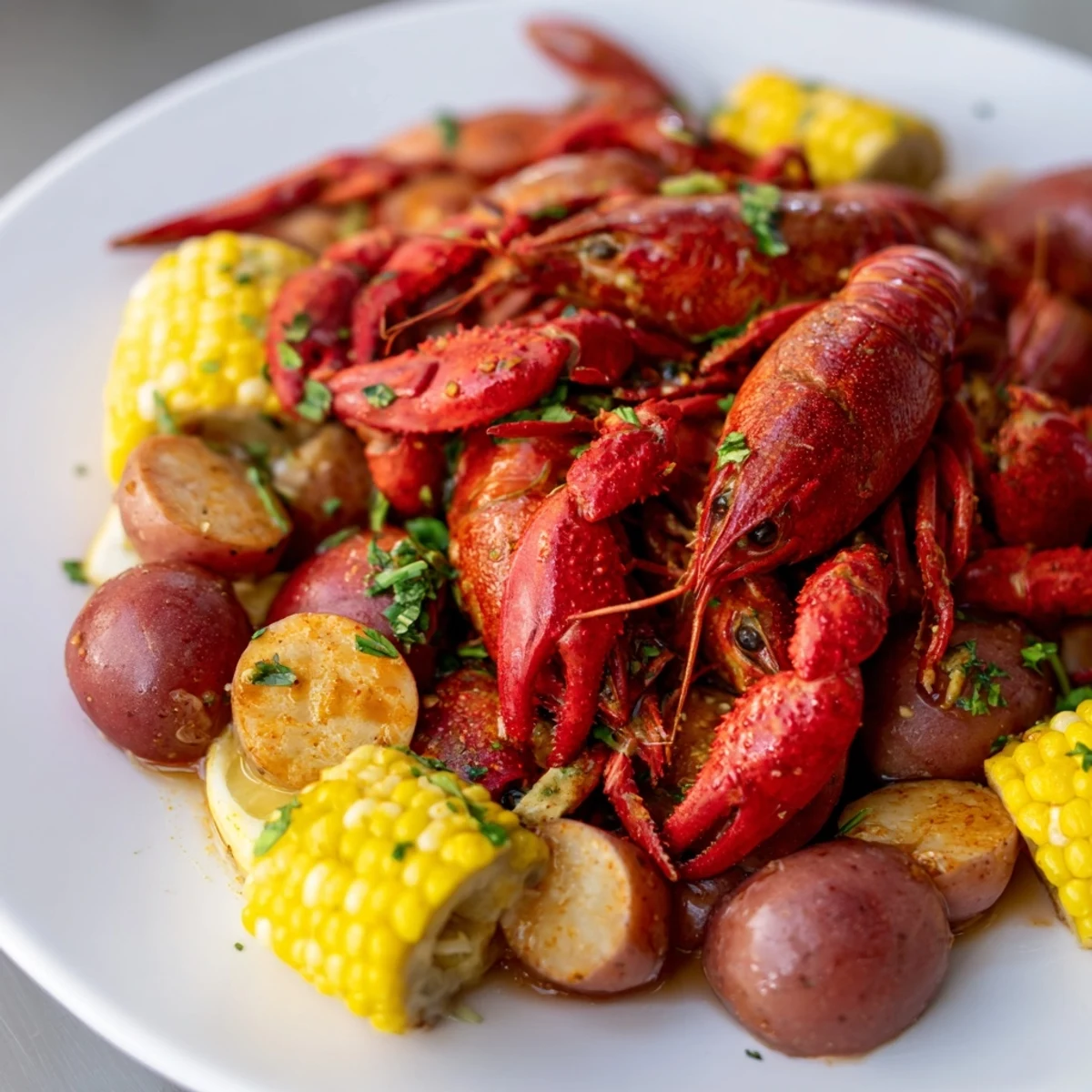 Bright red crawfish, golden corn, and tender potatoes soaking in a spicy Cajun broth on a rustic wooden table.