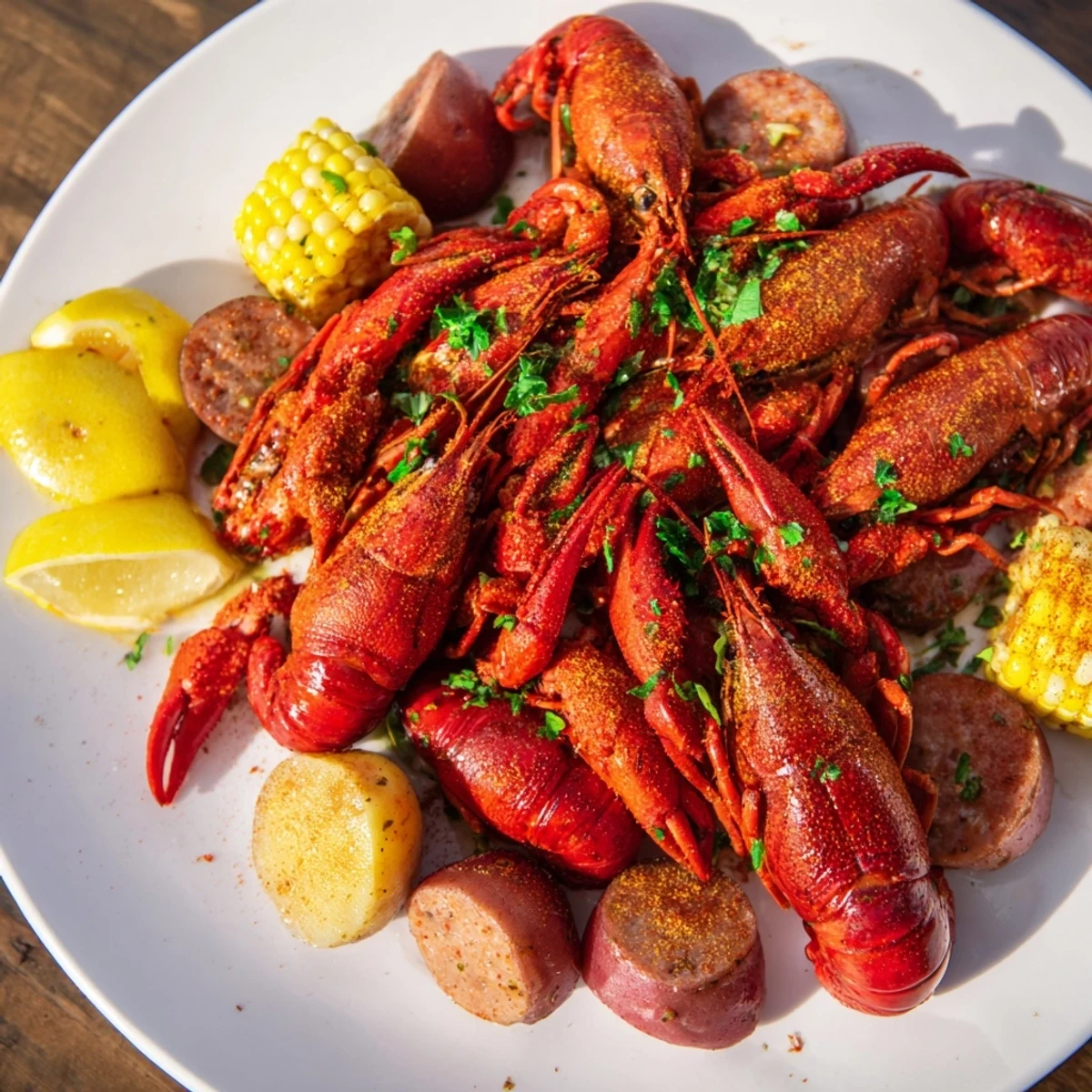 Sizzling andouille sausage and halved lemons join crawfish and potatoes in a classic Louisiana seafood boil setup.