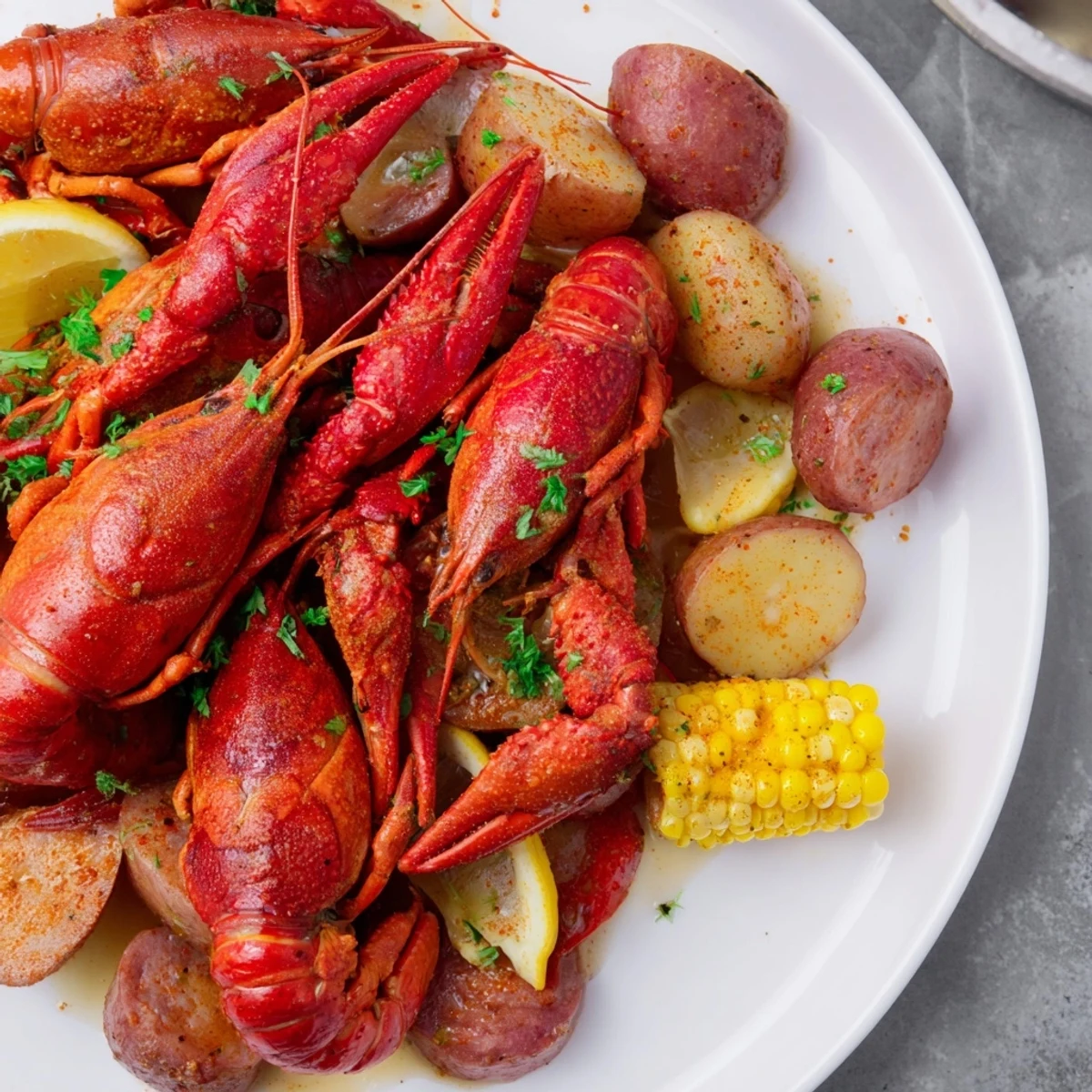 A generous platter of crawfish boil with potatoes, corn, and sausage ready for a festive Southern gathering.