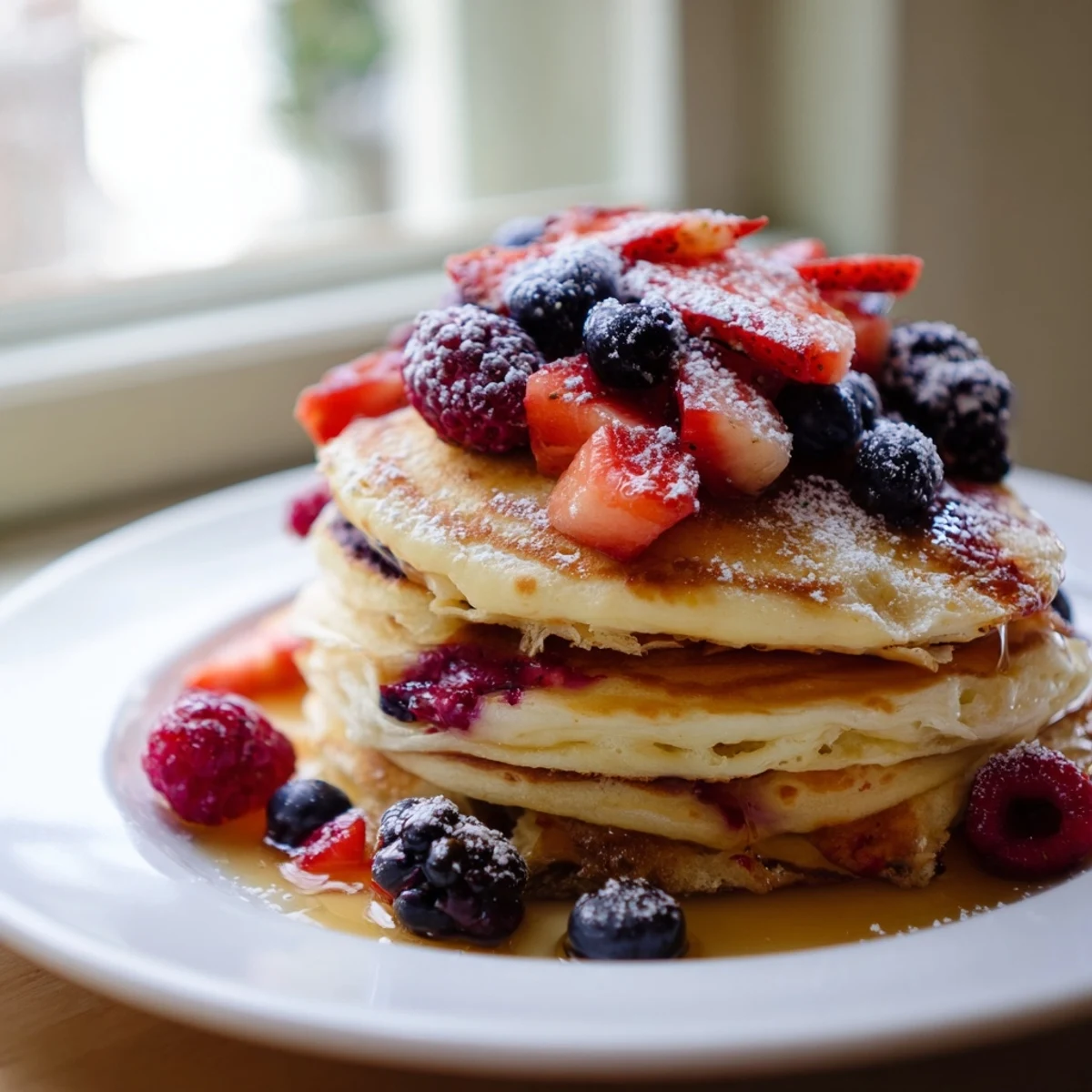 Fluffy Lemon Ricotta Pancakes with Berries are stacked high on a white plate, glistening with maple syrup.