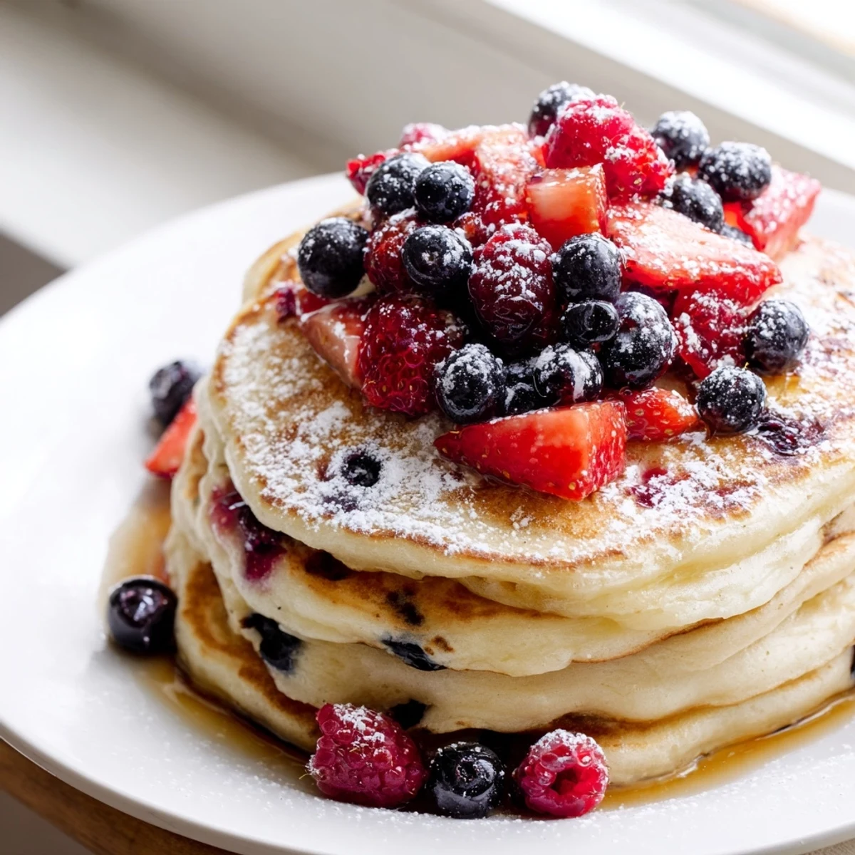 A close-up of Lemon Ricotta Pancakes with Berries reveals a tangy ricotta texture and fresh berries.
