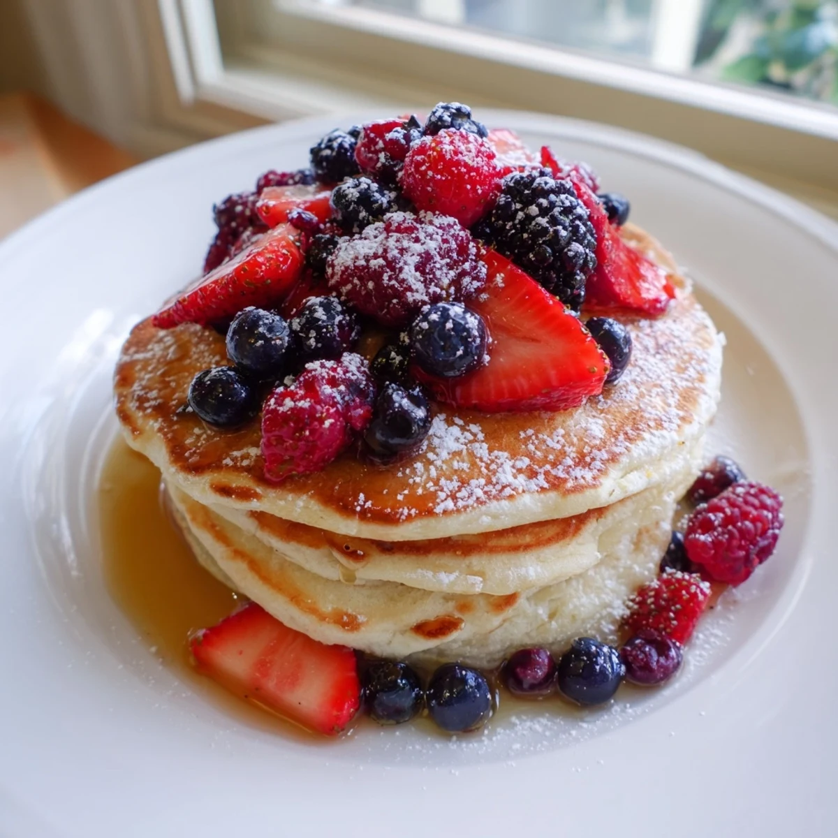 A rustic stack of Lemon Ricotta Pancakes with Berries is topped with a vibrant, juicy berry medley.
