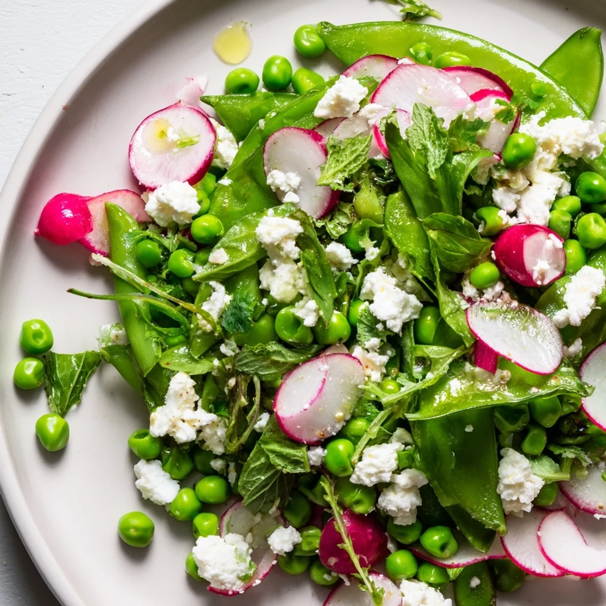 A close-up of Spring Pea Salad with Radishes and Feta, showing bright green peas and crisp, thin radish slices atop fresh greens.