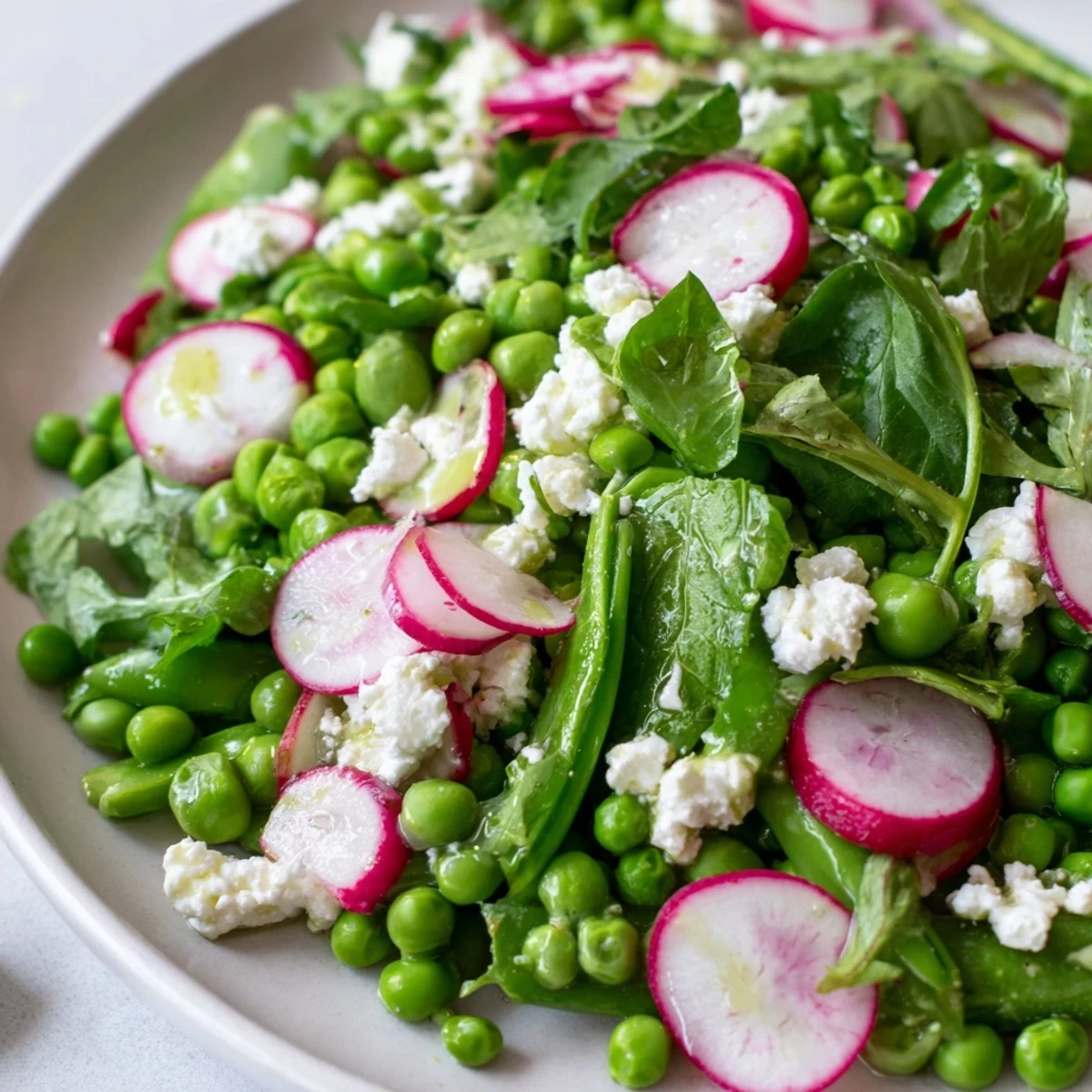 Spring Pea Salad with Radishes and Feta arranged in a white bowl with crumbled feta and a light lemony dressing.