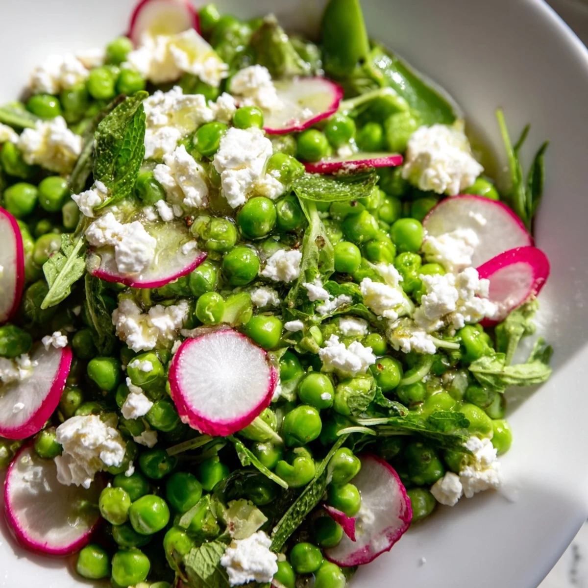 Vibrant Spring Pea Salad with Radishes and Feta served on a plate beside a wine glass at a sunny spring gathering.