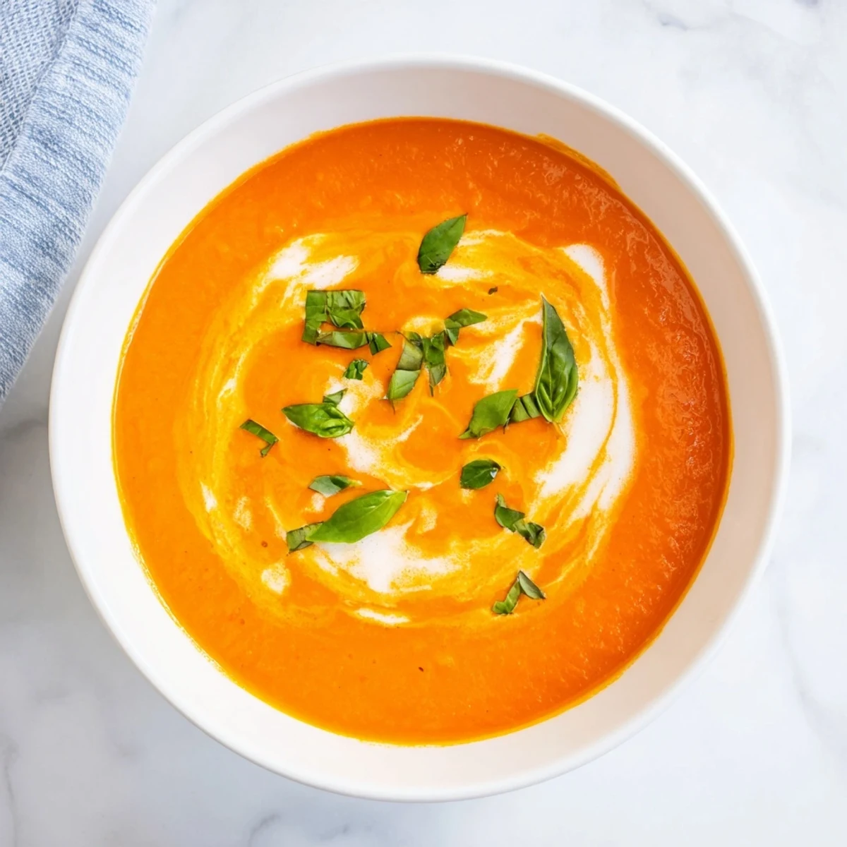 Creamy Tomato Basil Bisque in a white bowl, garnished with fresh basil and a swirl of cream beside crusty bread.  