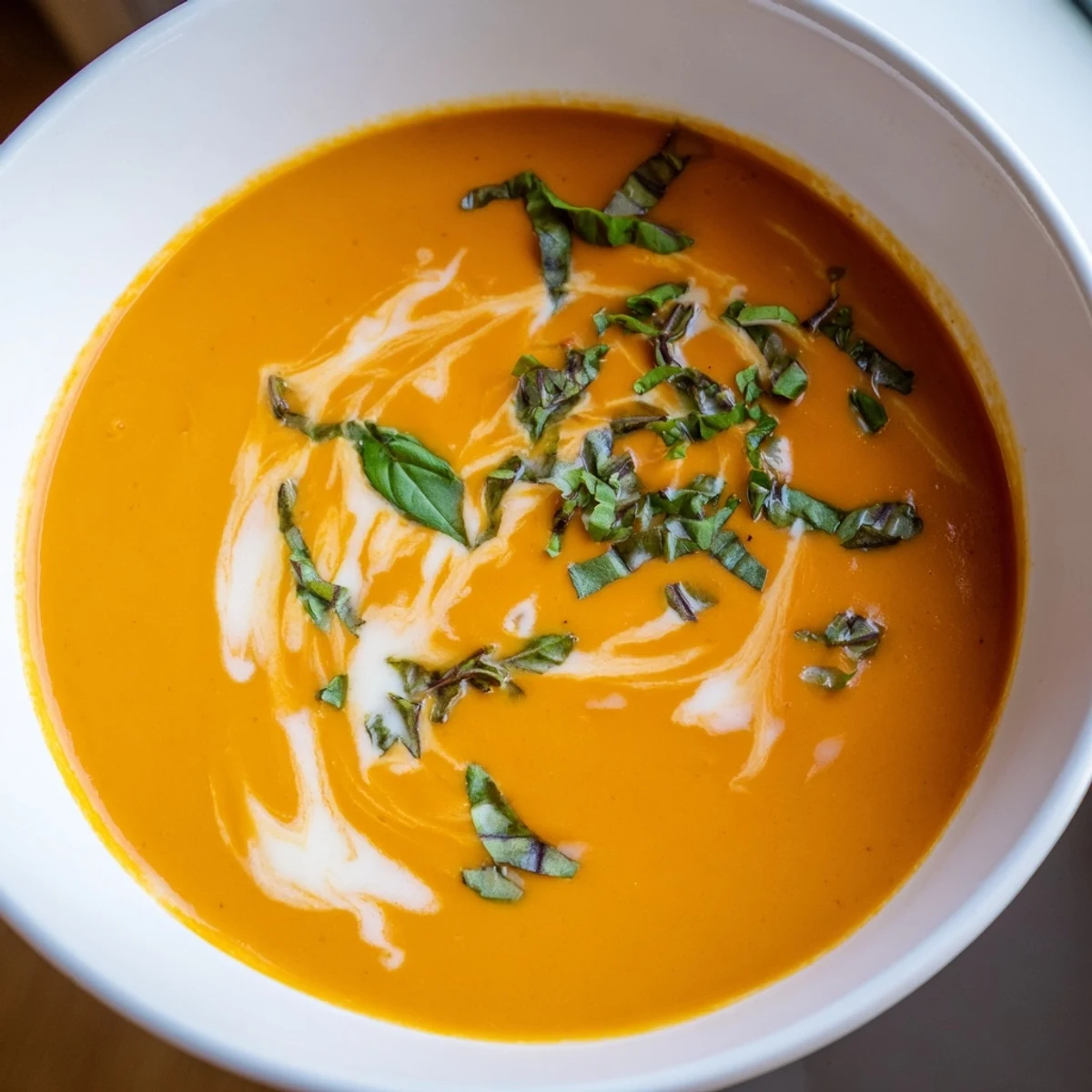 A warm bowl of Creamy Tomato Basil Bisque topped with basil and a grilled cheese sandwich on the side.
