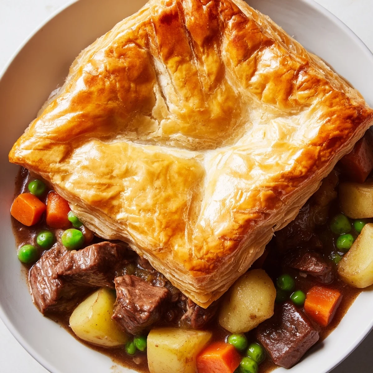 Golden, flaky puff pastry tops tender beef and peas in a savory gravy, baked until bubbly.