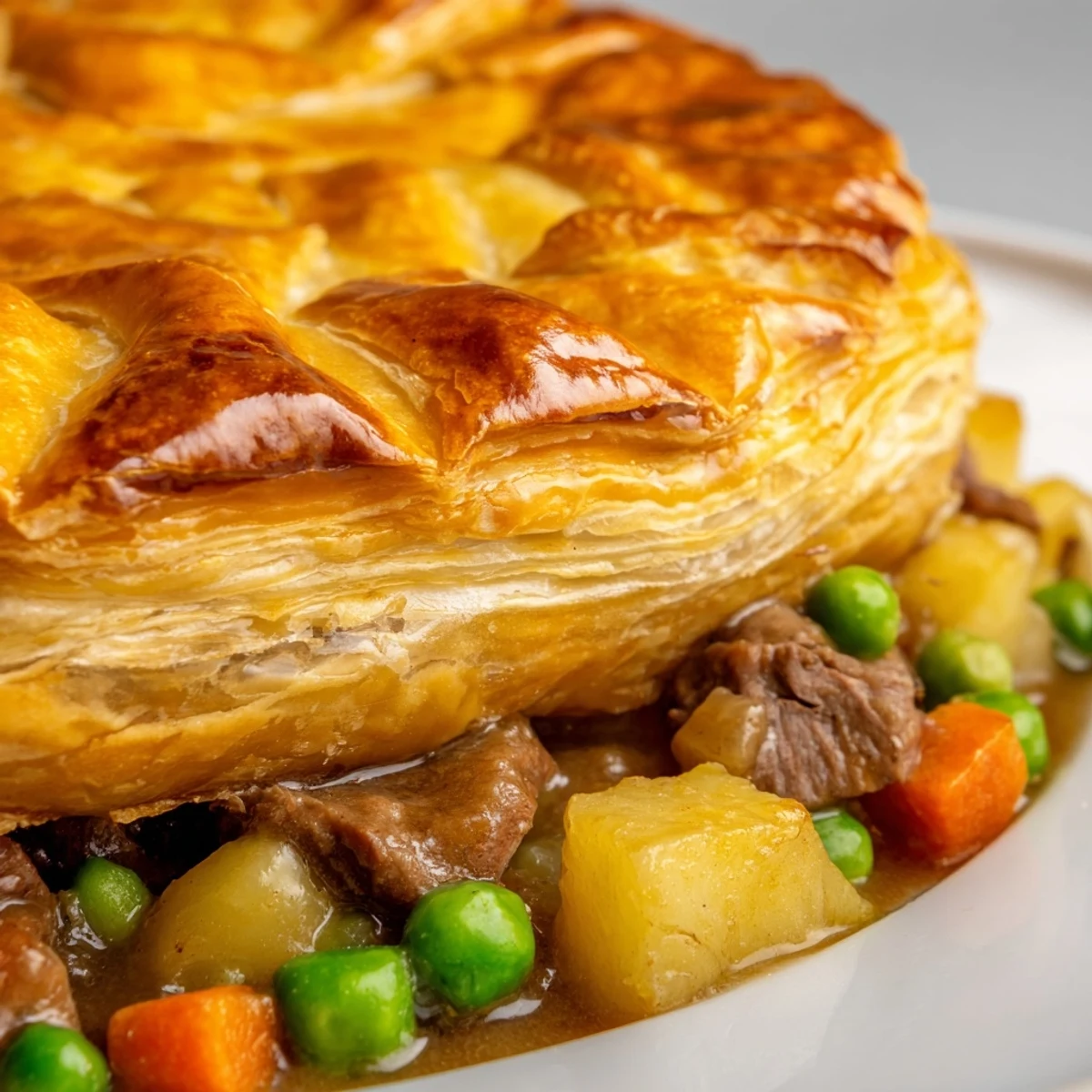Hearty beef pot pie with vegetables steaming from the oven, served in a rustic dish.