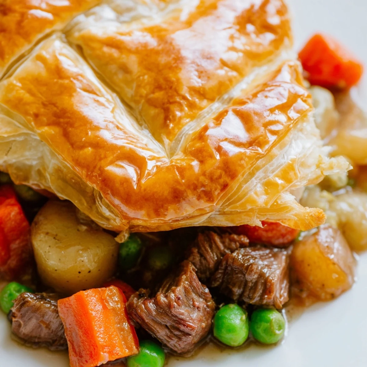 Freshly baked beef pot pie with a golden puff pastry crust, ready to slice and serve.