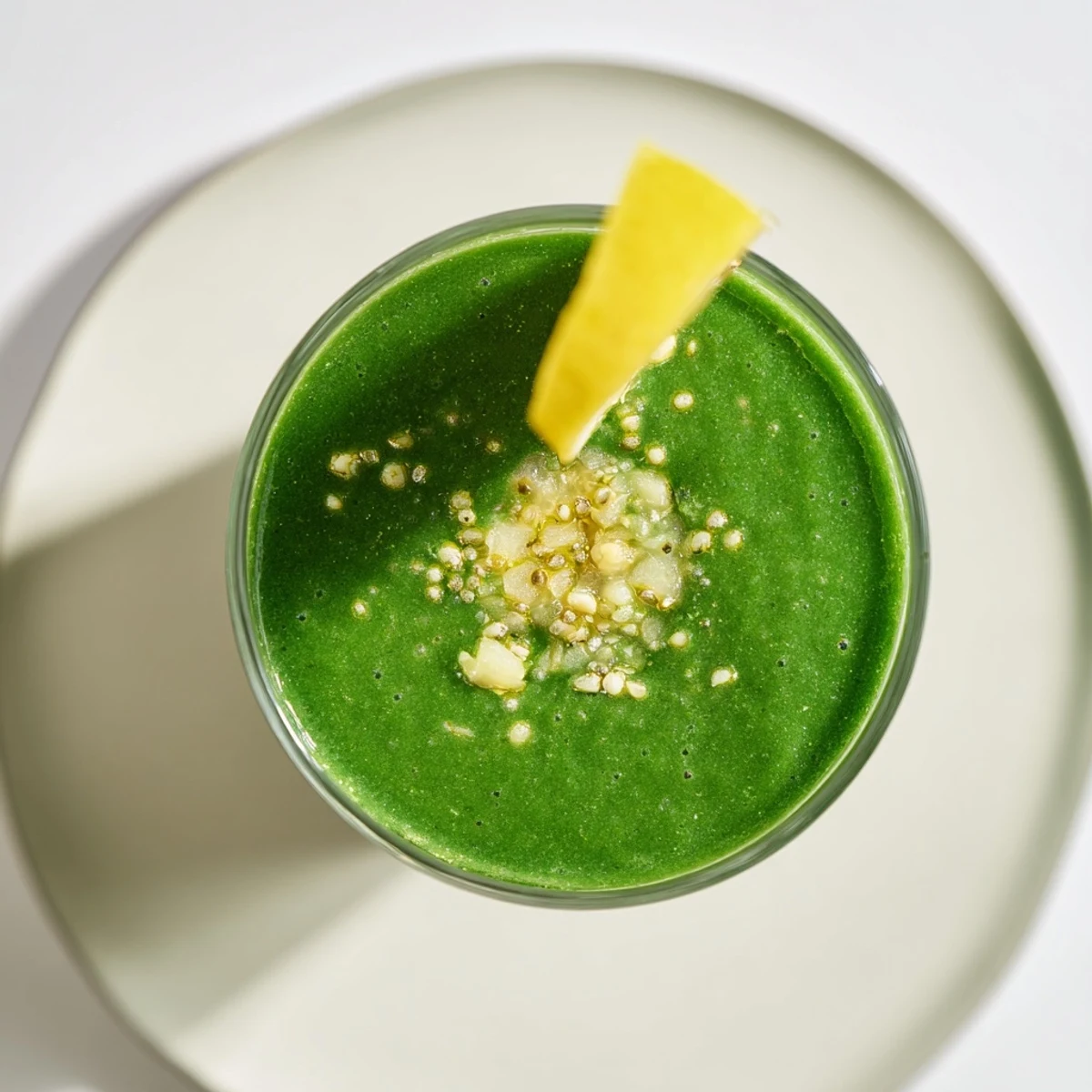 The creamy Green Detox Smoothie with Ginger swirls with vibrant green hues from spinach and kale, garnished with a slice of lime.  