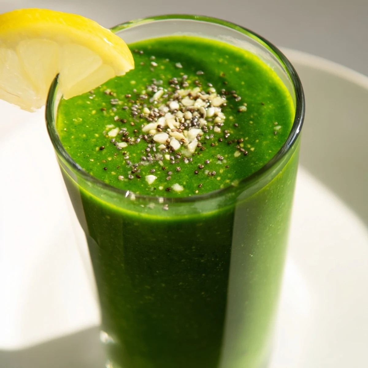 A tall glass of Green Detox Smoothie with Ginger, packed with fresh spinach, kale, and pineapple chunks for a refreshing, nourishing boost.  