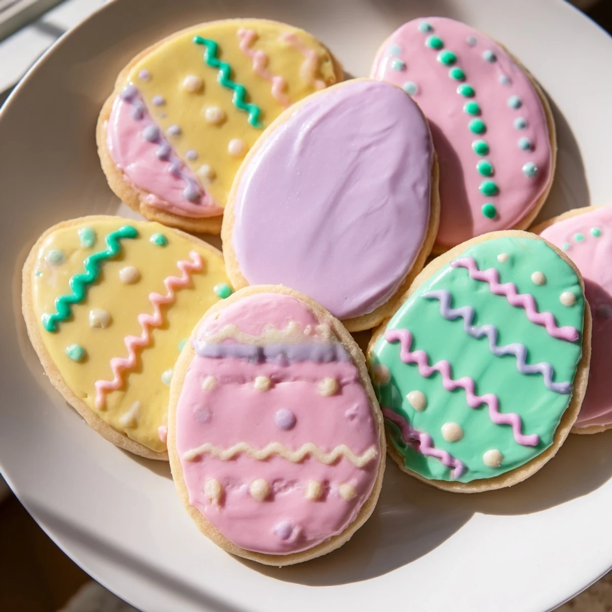 Freshly baked Easter Egg Sugar Cookies with vibrant pastel icing, arranged neatly on a cooling rack for spring celebrations.