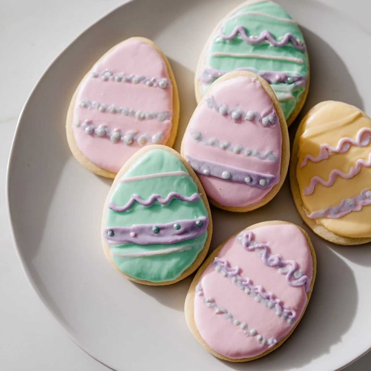 A close-up of Easter Egg Sugar Cookies decorated with intricate royal icing patterns, perfect for festive family baking fun.