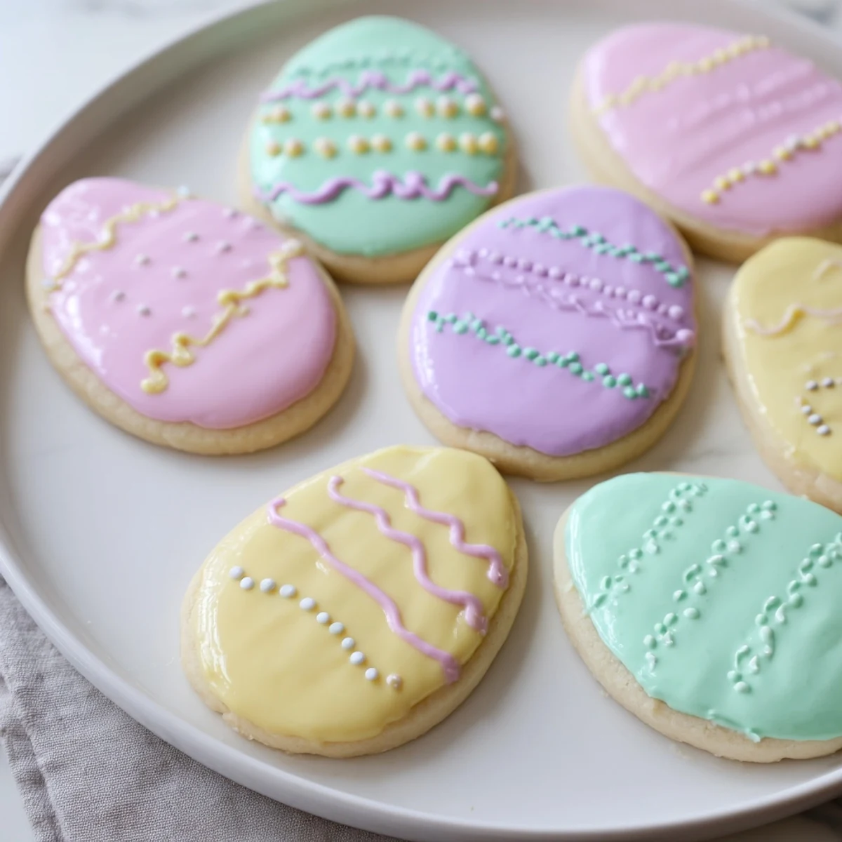 Plated Easter Egg Sugar Cookies alongside a cup of tea, showcasing soft, buttery textures ideal for spring holiday gatherings.