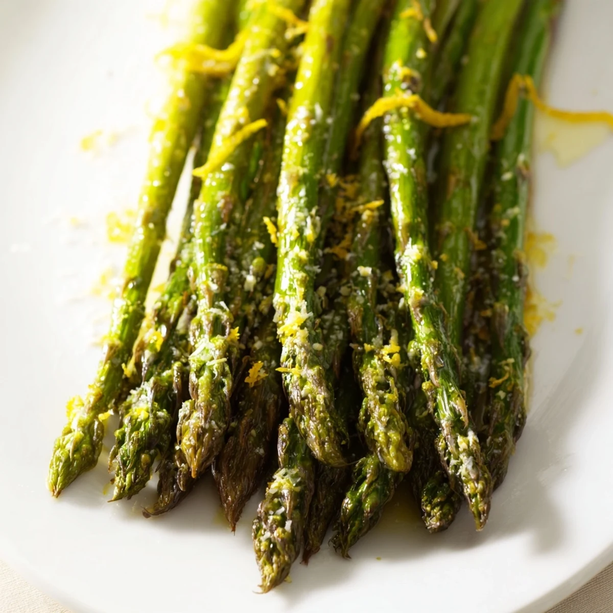 Bright roasted asparagus with Parmesan and lemon, finished with fresh juice and ready to serve.