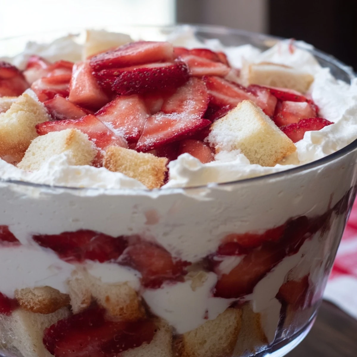 A layered Strawberry Shortcake Trifle in a glass dish shows fluffy cake cubes, macerated strawberries, and whipped cream.