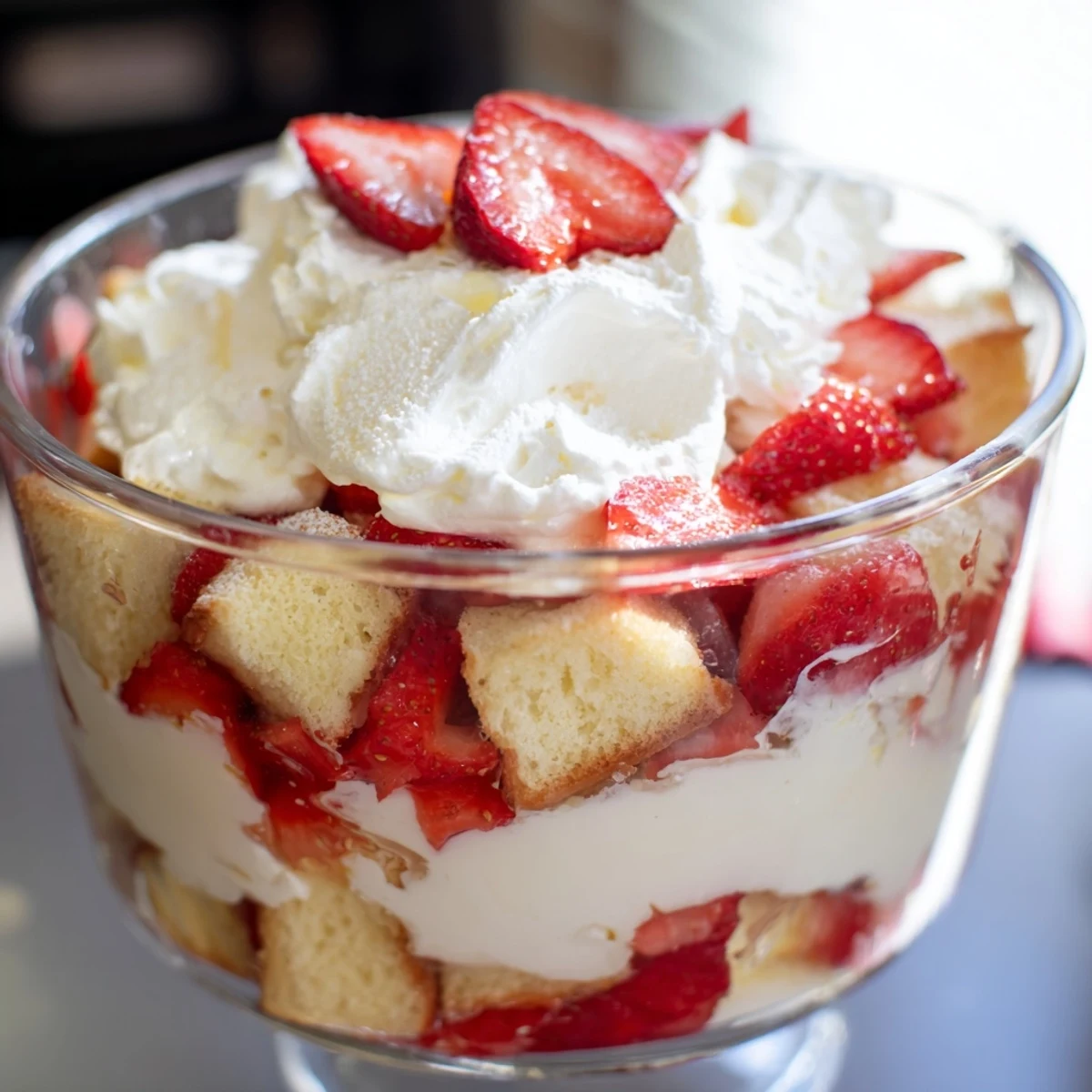 A close-up of Strawberry Shortcake Trifle reveals ruby strawberries, soft cake, and cloud-like whipped cream topping.