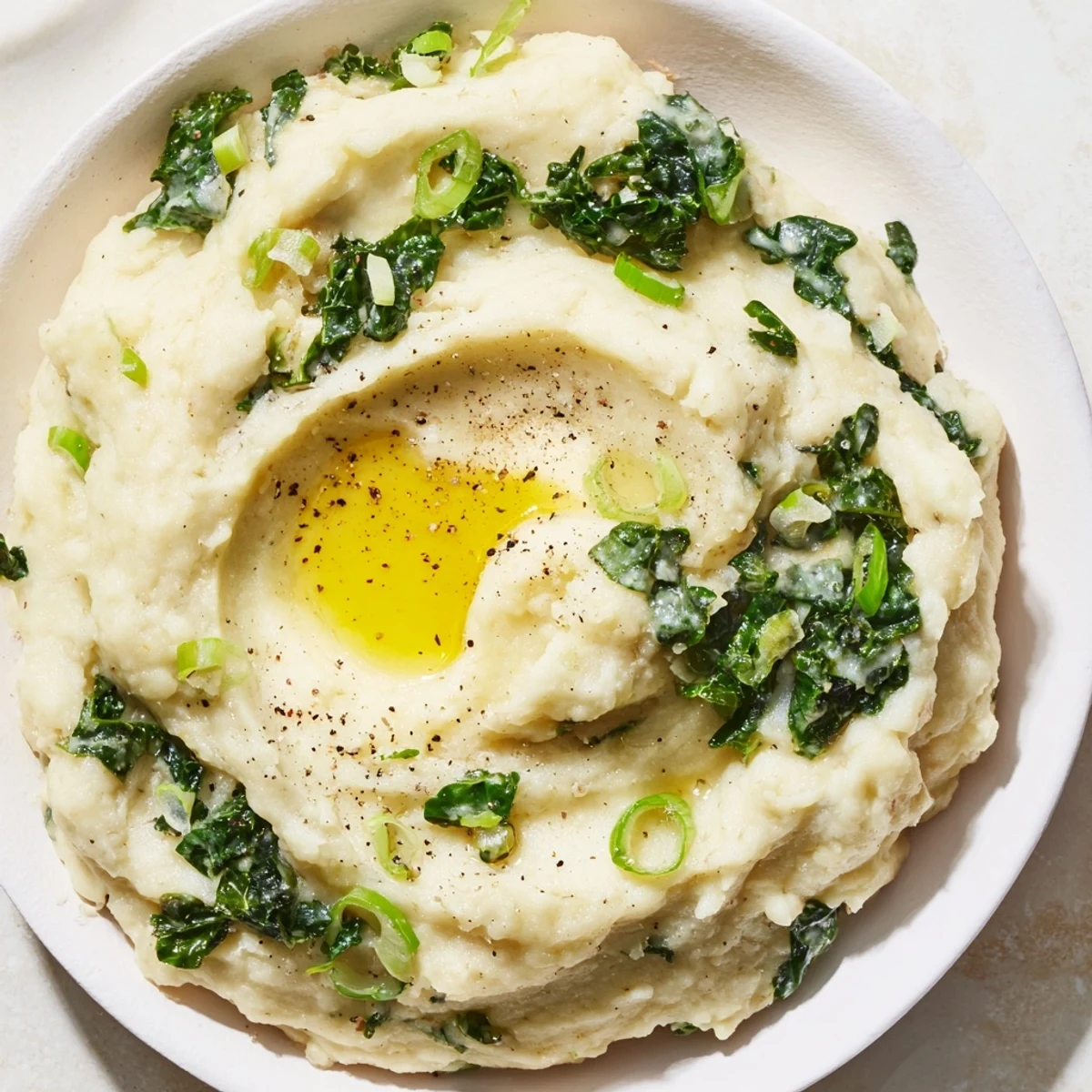 Freshly mashed potatoes are folded with tender sautéed kale and scallions, finished with a melting knob of butter on top.