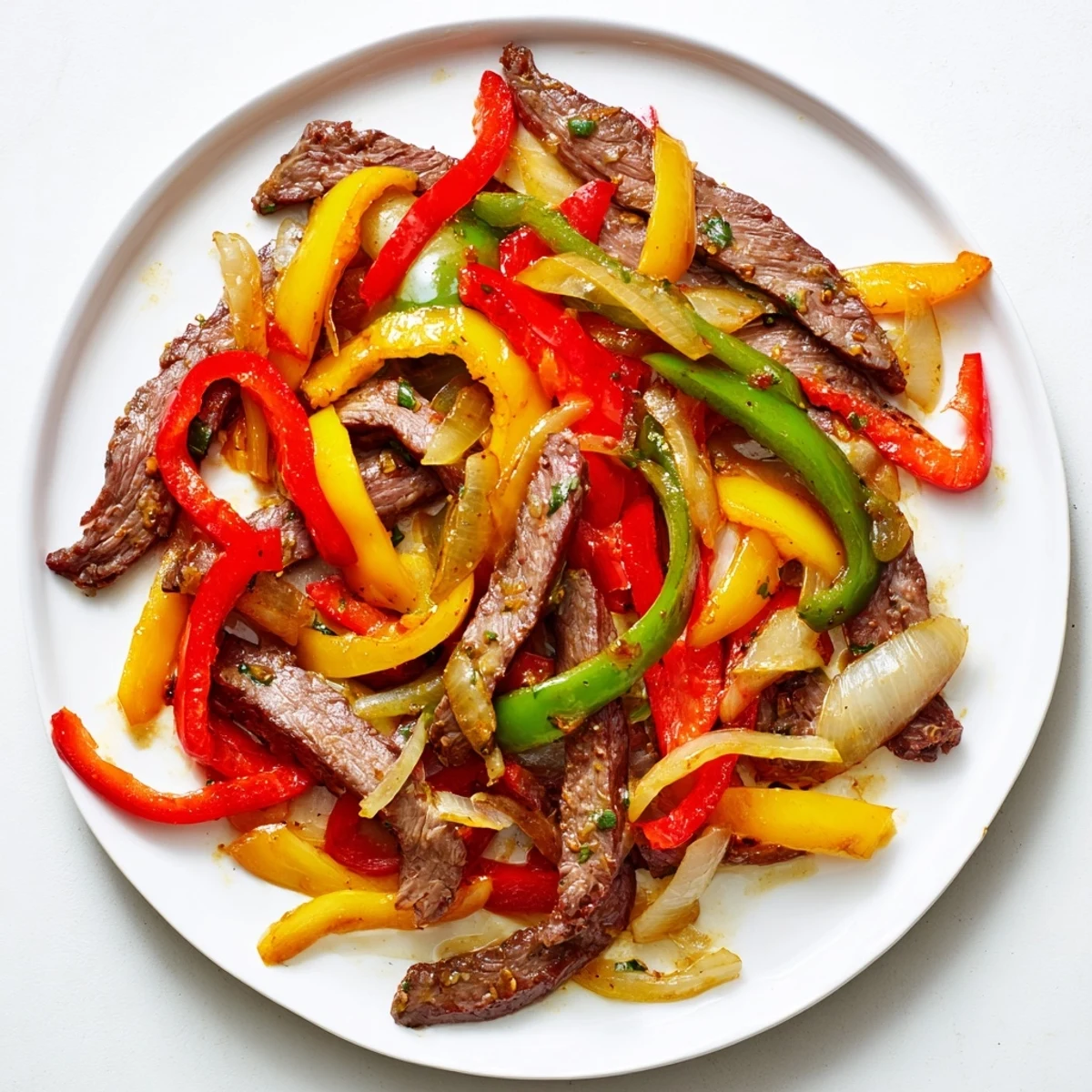 Golden-brown strips of sizzling beef, marinated with cumin and lime, mixed with vibrant sautéed peppers and onions in a hot skillet.  