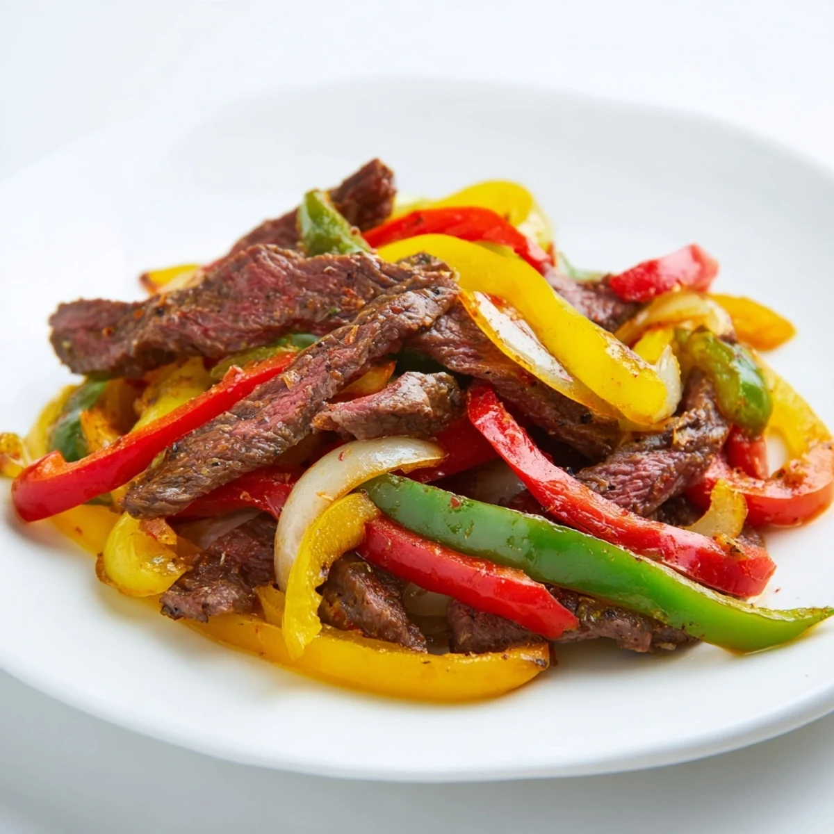 Hearty beef fajitas featuring tender meat and caramelized vegetables alongside warm flour tortillas and fresh lime wedges.  