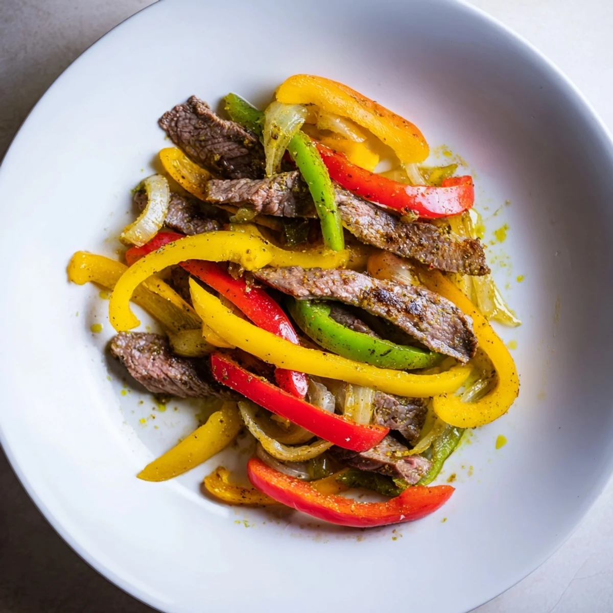 A close-up of juicy beef fajitas, garnished with cilantro and served with colorful peppers for a classic Tex-Mex meal.