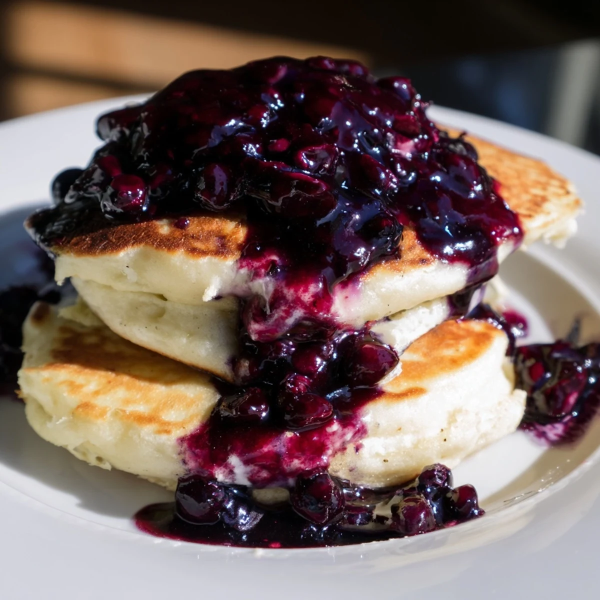 Fluffy Lemon Ricotta Pancakes with Blueberry Syrup are stacked high and dripping with vibrant purple syrup on a plate.