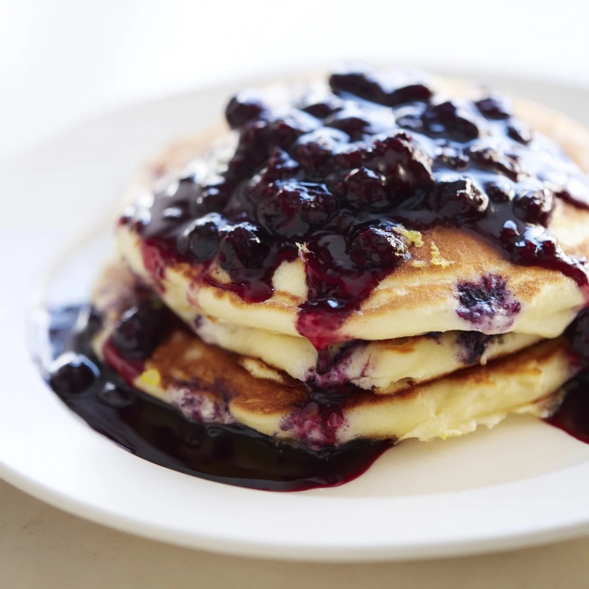Golden Lemon Ricotta Pancakes with Blueberry Syrup rest on a white plate, garnished with fresh blueberries and lemon zest.