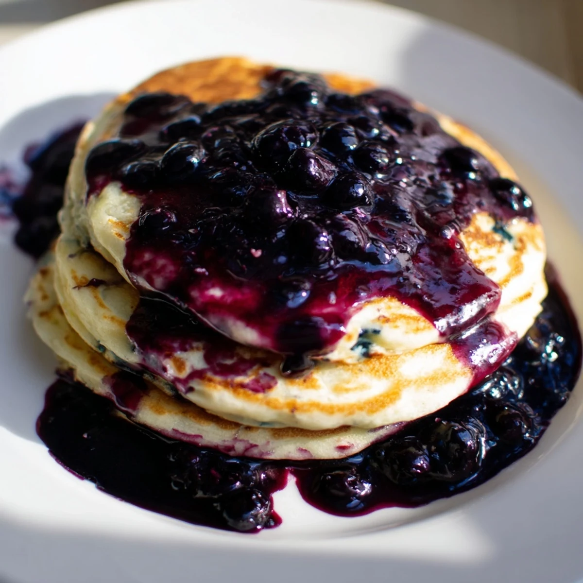 A close-up of Lemon Ricotta Pancakes with Blueberry Syrup reveals a fluffy texture and sweet berry drizzle ready to eat.