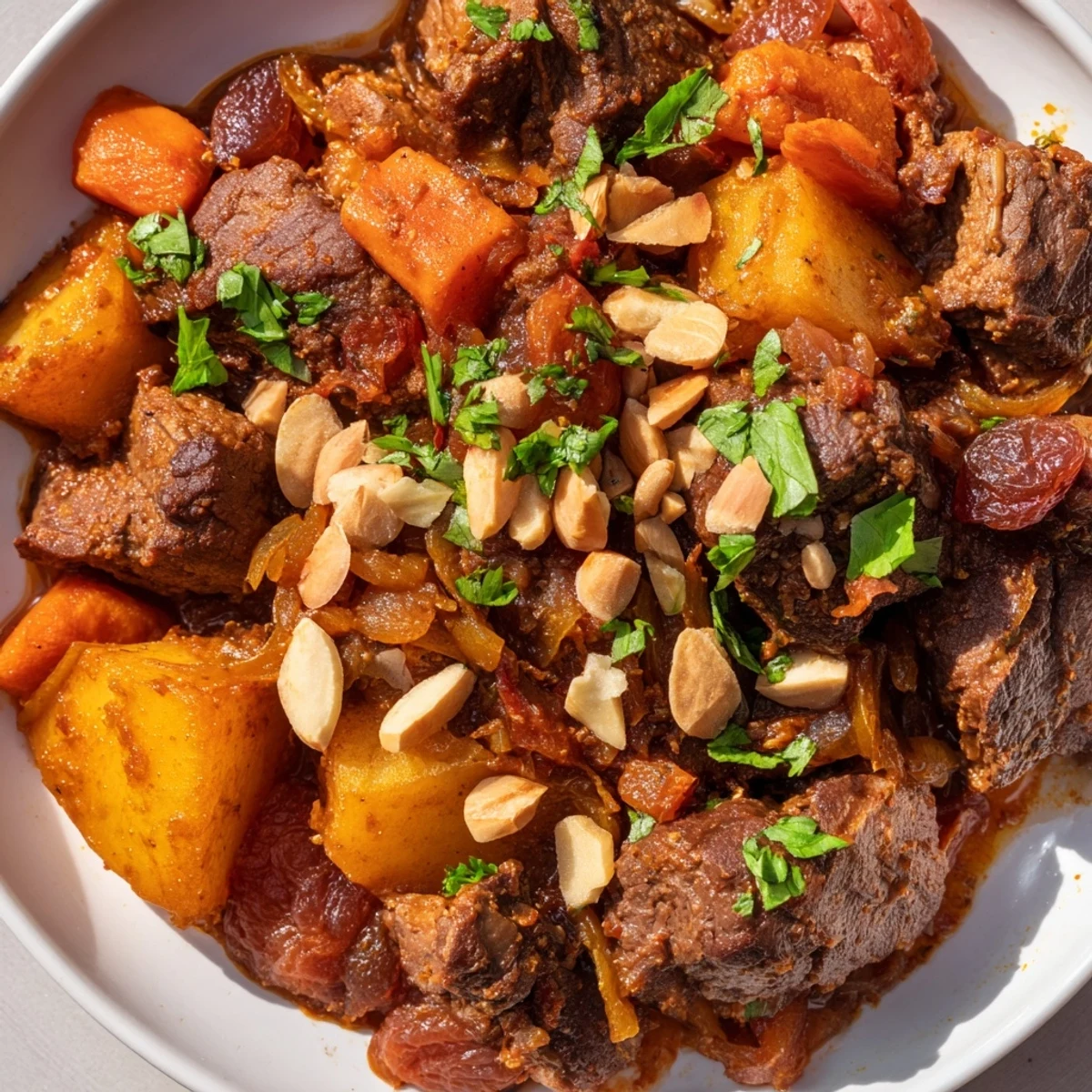 Tender lamb cubes in slow cooker Moroccan lamb tagine with sweet apricots and golden spices.