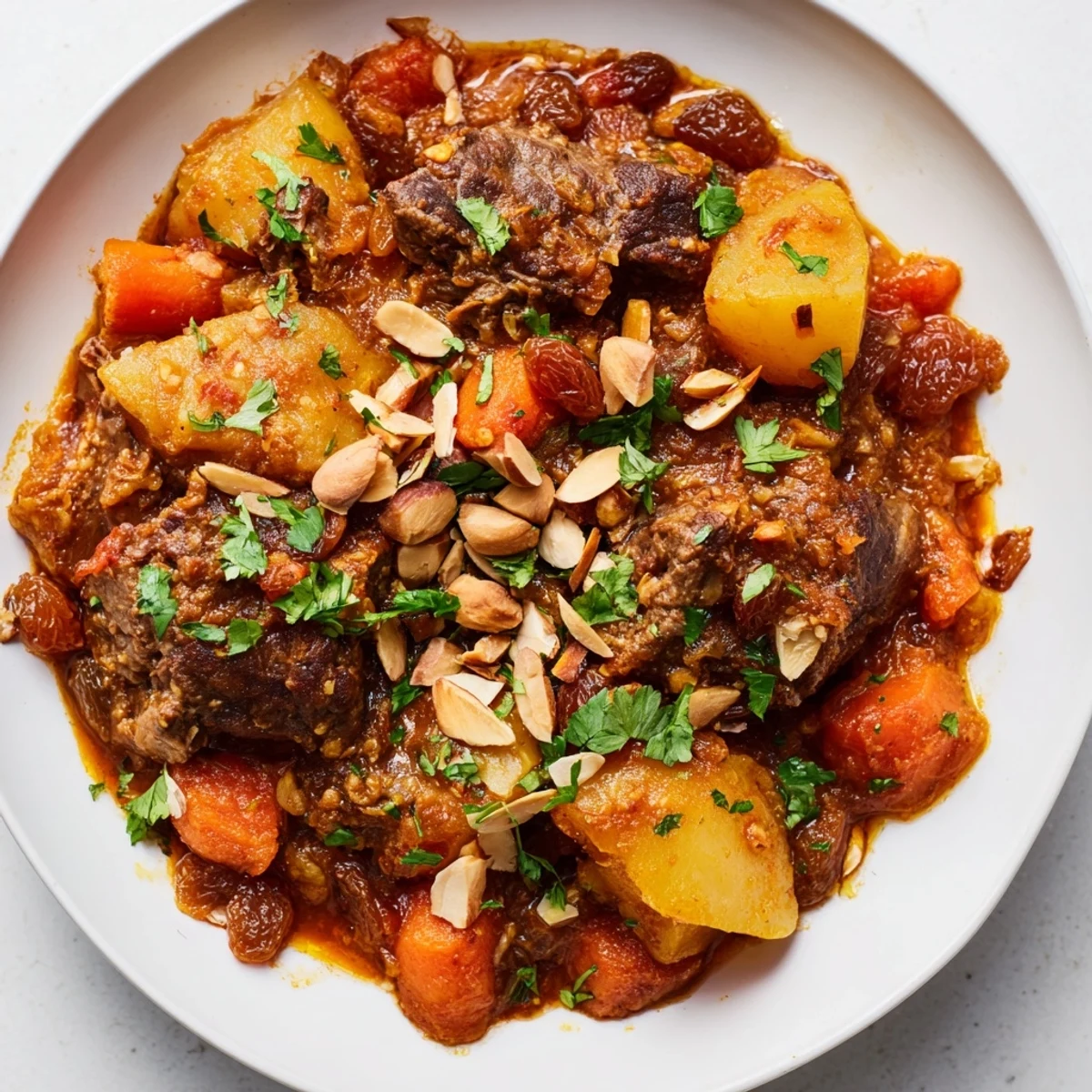 A close view of slow cooker Moroccan lamb tagine with rich broth and tender vegetables.