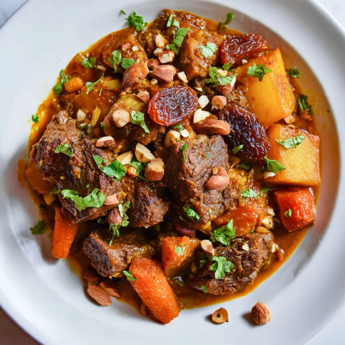 Serving slow cooker Moroccan lamb tagine over fluffy couscous with toasted almonds and herbs.