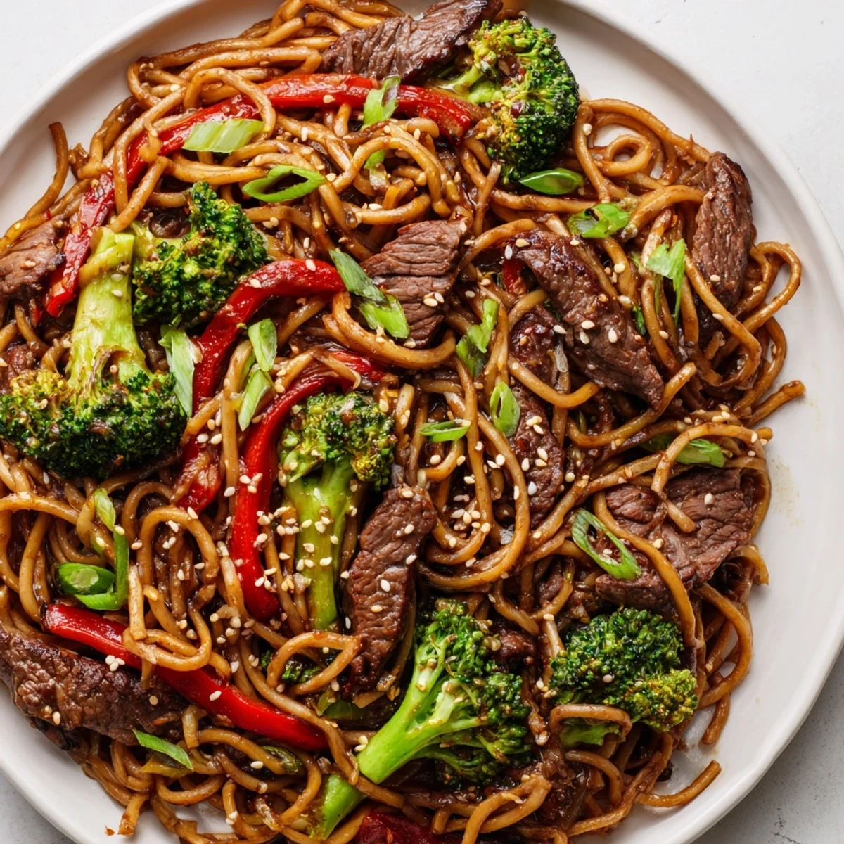 Serving suggestion for Beef and Broccoli Lo Mein with Sesame on a white plate, chopsticks resting nearby for a weeknight meal.