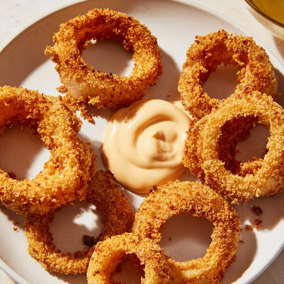 Golden Crispy Air Fryer Onion Rings with creamy dip on a rustic plate, fresh from the hot air fryer.