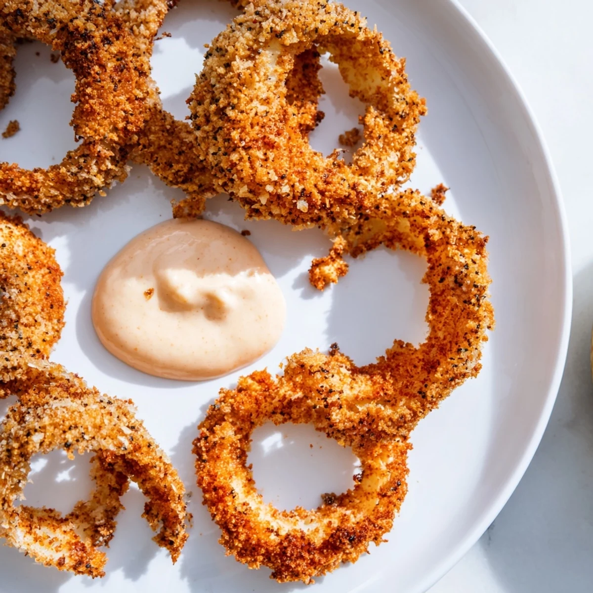 A close-up of crunchy Crispy Air Fryer Onion Rings with dip beside them, steam rising and golden crumbs visible.