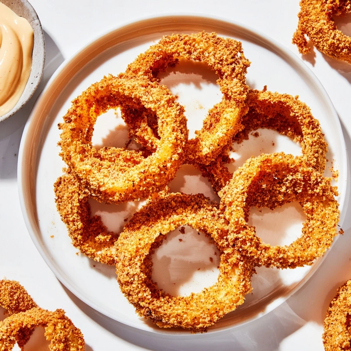 Freshly cooked Crispy Air Fryer Onion Rings stacked high, ready to be dipped into a tangy homemade sauce.