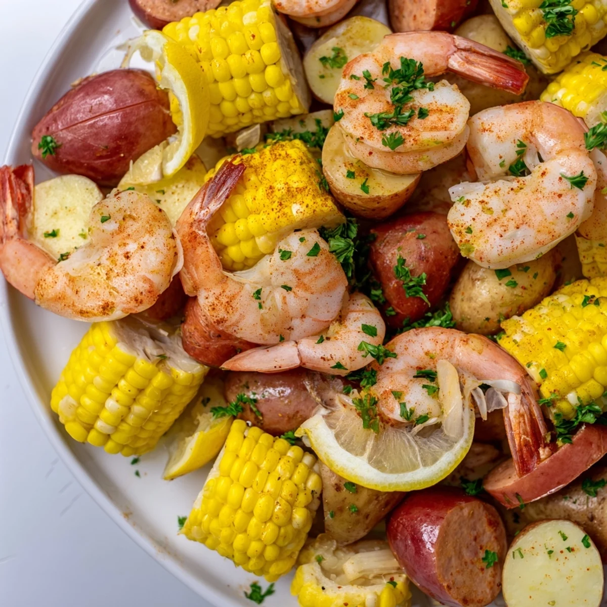 Steam rises from the Cajun Shrimp Boil with Corn and Potatoes as it is poured onto a newspaper-lined table, ready for a festive outdoor dinner.