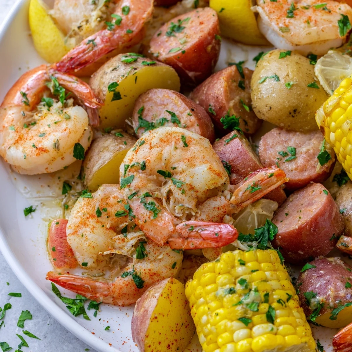 A close-up of Cajun Shrimp Boil with Corn and Potatoes in a cast-iron platter, with bright corn and red potatoes nestled among pink shrimp and spicy sausage.