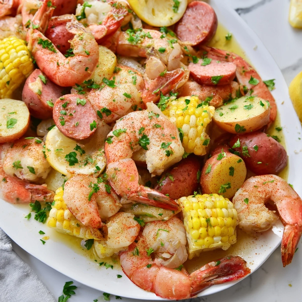 Fresh lemon wedges and parsley garnish the Cajun Shrimp Boil with Corn and Potatoes, highlighting the seasoned corn cobs, red potatoes, and succulent shrimp.