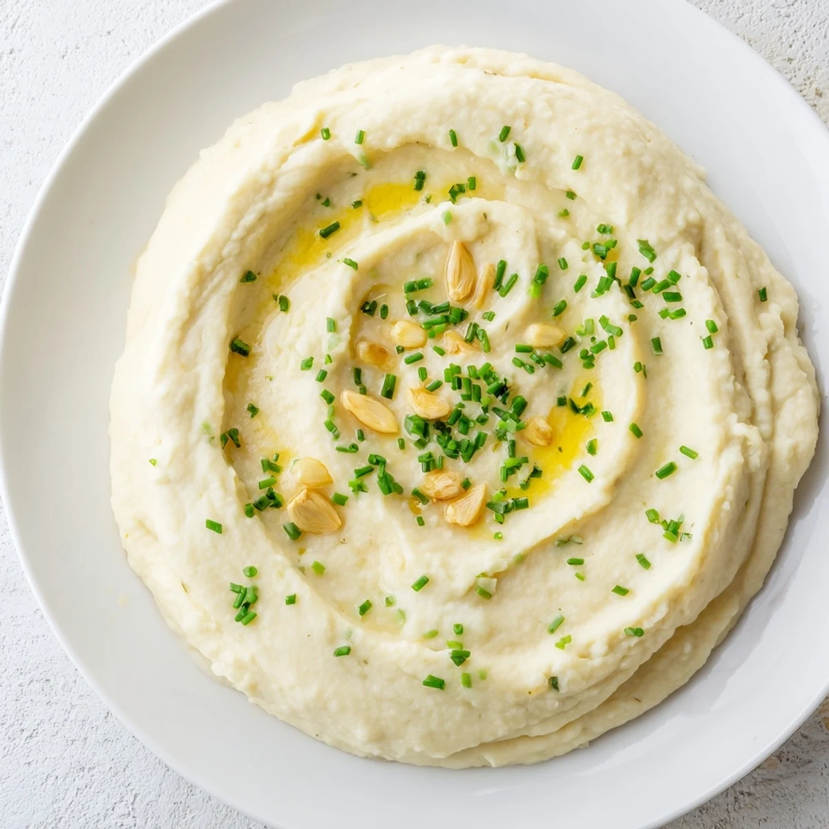 Creamy low-carb Roasted Garlic Mashed Cauliflower served warm in a rustic bowl beside a wooden spoon.