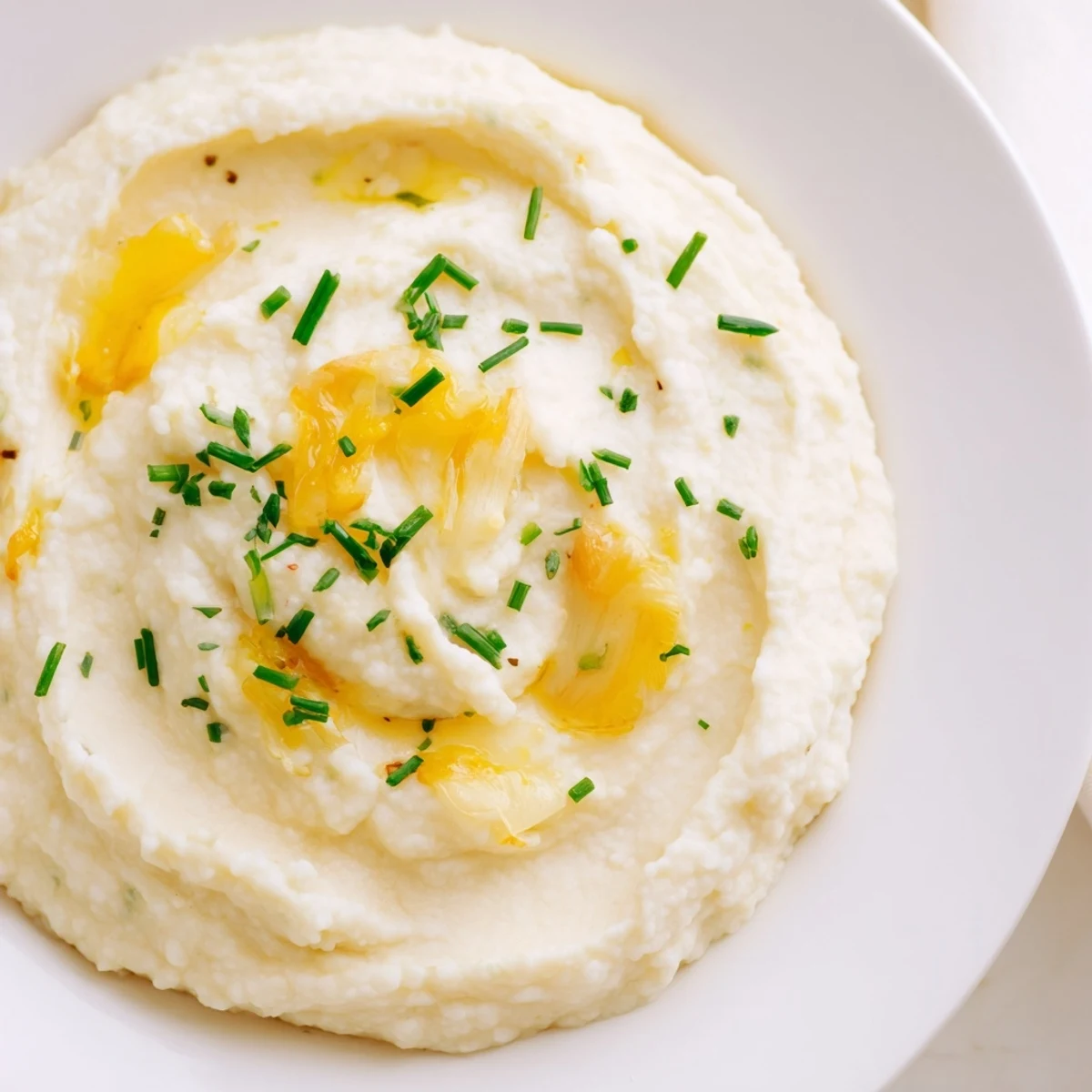 Steaming mashed cauliflower with roasted garlic cloves in a white ceramic bowl topped with fresh chives.