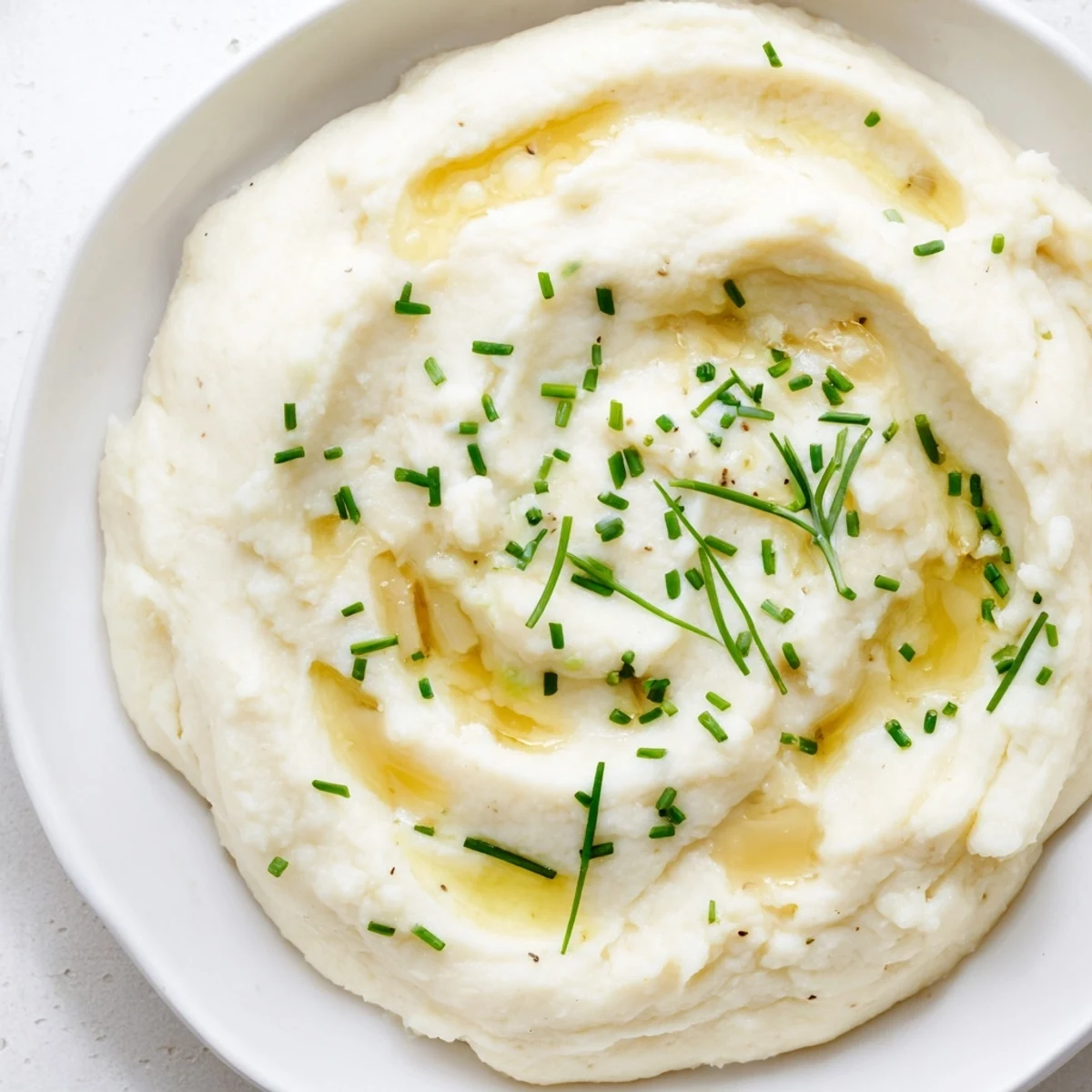 Mashed cauliflower with roasted garlic in a serving dish garnished with chives, ready for a family dinner.