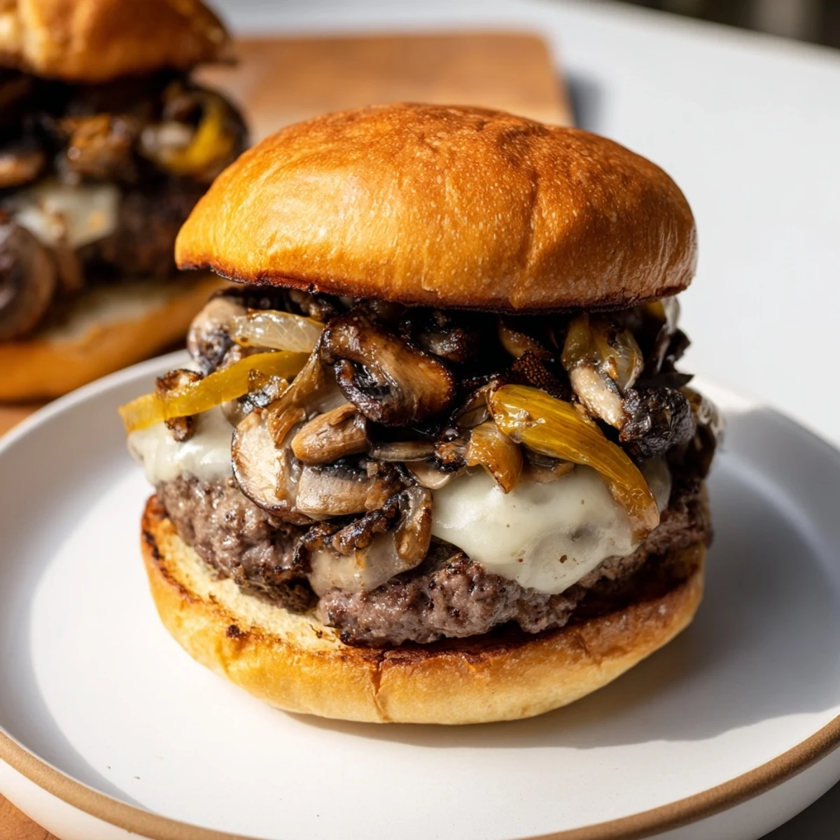 A close-up of a juicy Beef Burger with Caramelized Onions and Mushrooms featuring melted cheese on a toasted bun, served with fries.