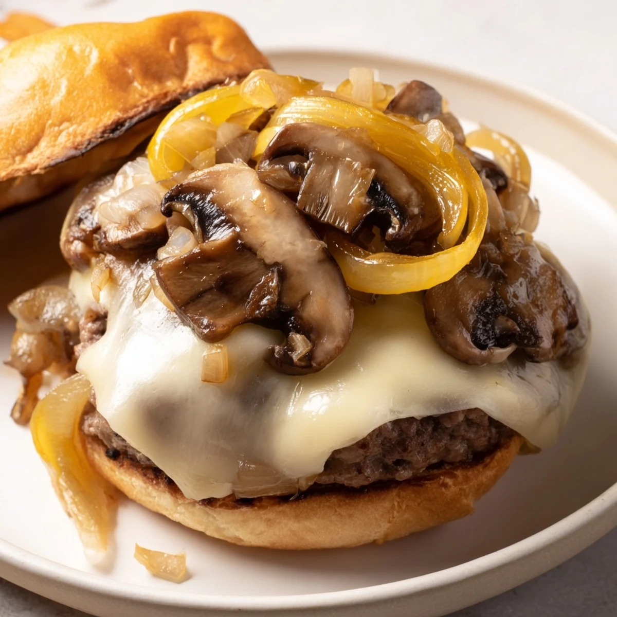 Freshly prepared Beef Burger with Caramelized Onions and Mushrooms on a plate with lettuce and tomato, perfect for a gourmet American meal.