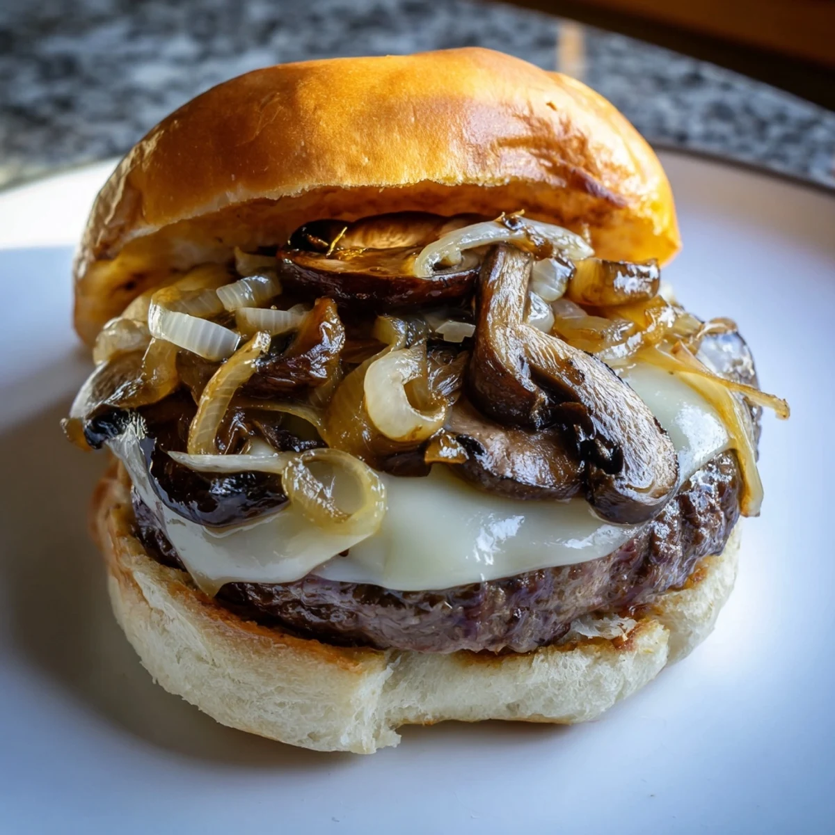 The delicious Beef Burger with Caramelized Onions and Mushrooms reveals sautéed mushrooms and sweet onions stacked high on a grilled beef patty.