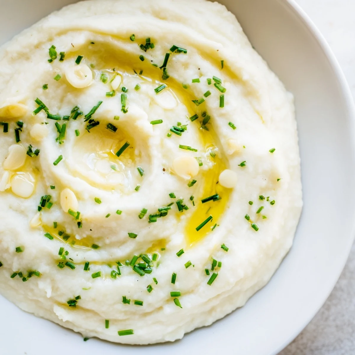 Creamy Roasted Garlic Mashed Cauliflower with Chives served in a rustic white bowl, garnished with fresh herbs.
