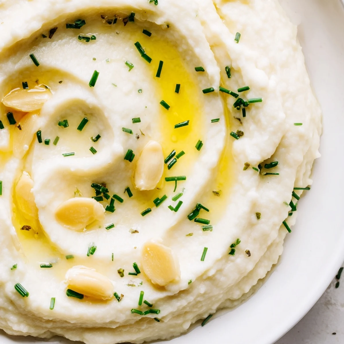 Hot Roasted Garlic Mashed Cauliflower with Chives drizzled with olive oil and butter, ready to eat.