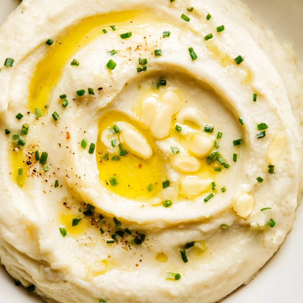 Steamed cauliflower florets blended into smooth Roasted Garlic Mashed Cauliflower with Chives beside a roasted garlic bulb.