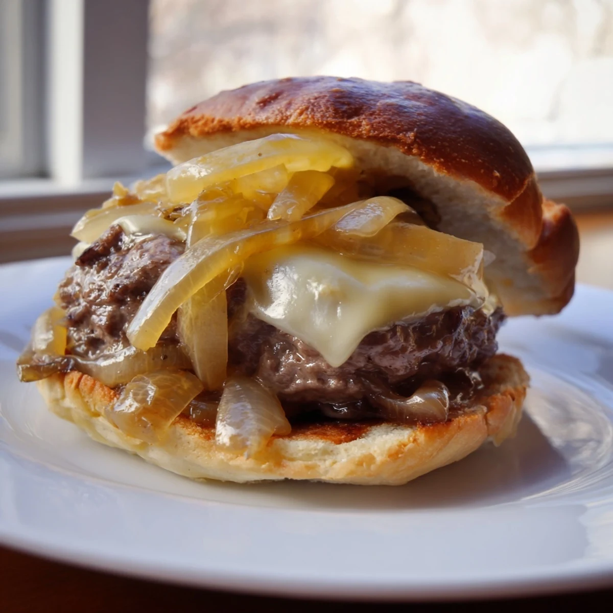 Juicy beef burger featuring sweet caramelized onions, melted Swiss cheese, and a toasted bun, garnished with lettuce, tomato, and pickles on a plate.